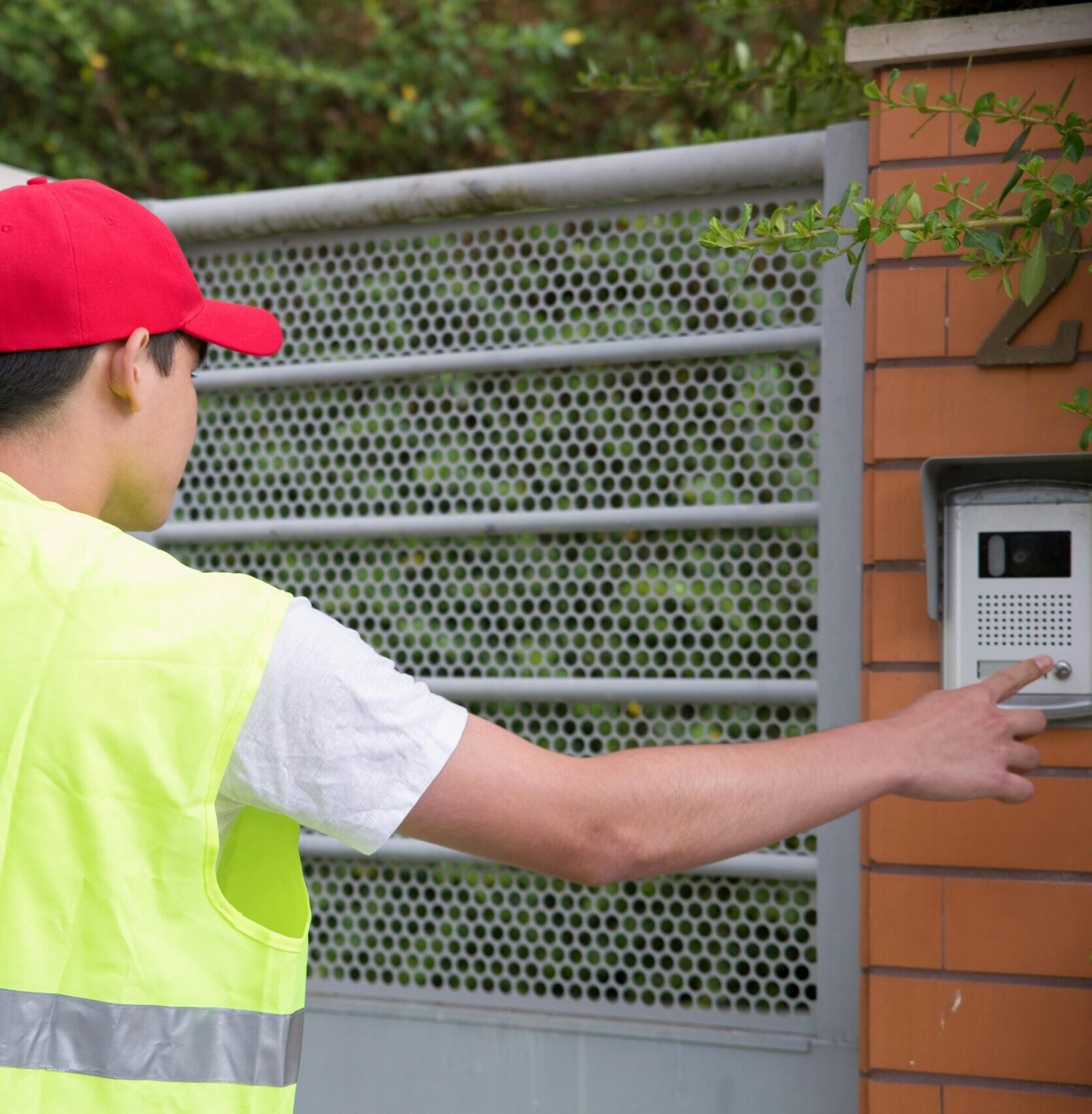 Courier in safety vest rings residence doorbell, view from behind.